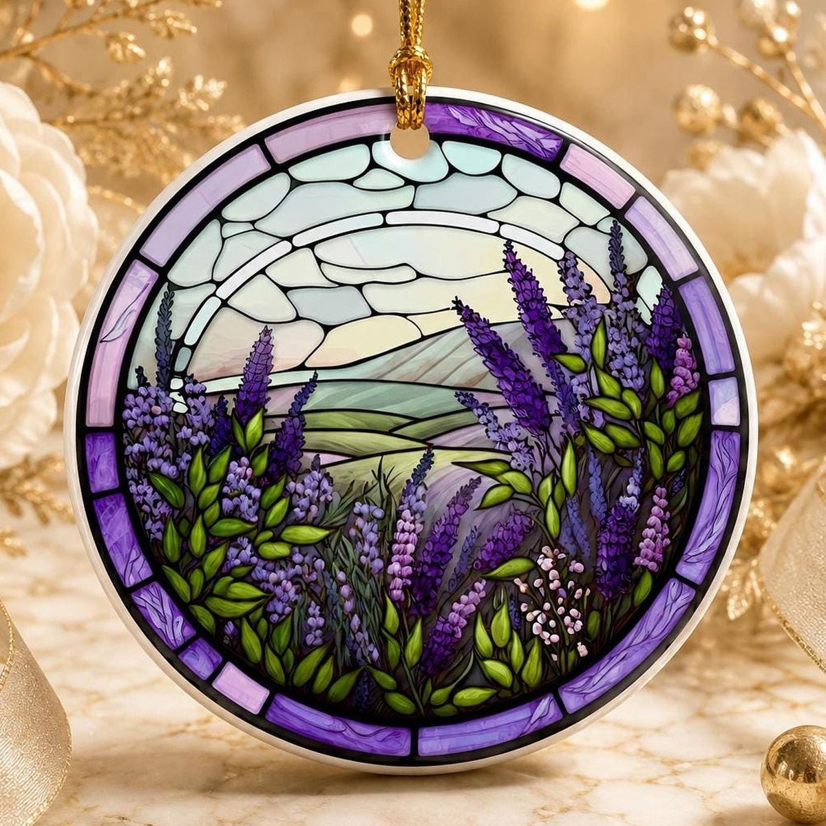Lavender Ornament, Round Ceramic Keepsake with Botanical Design