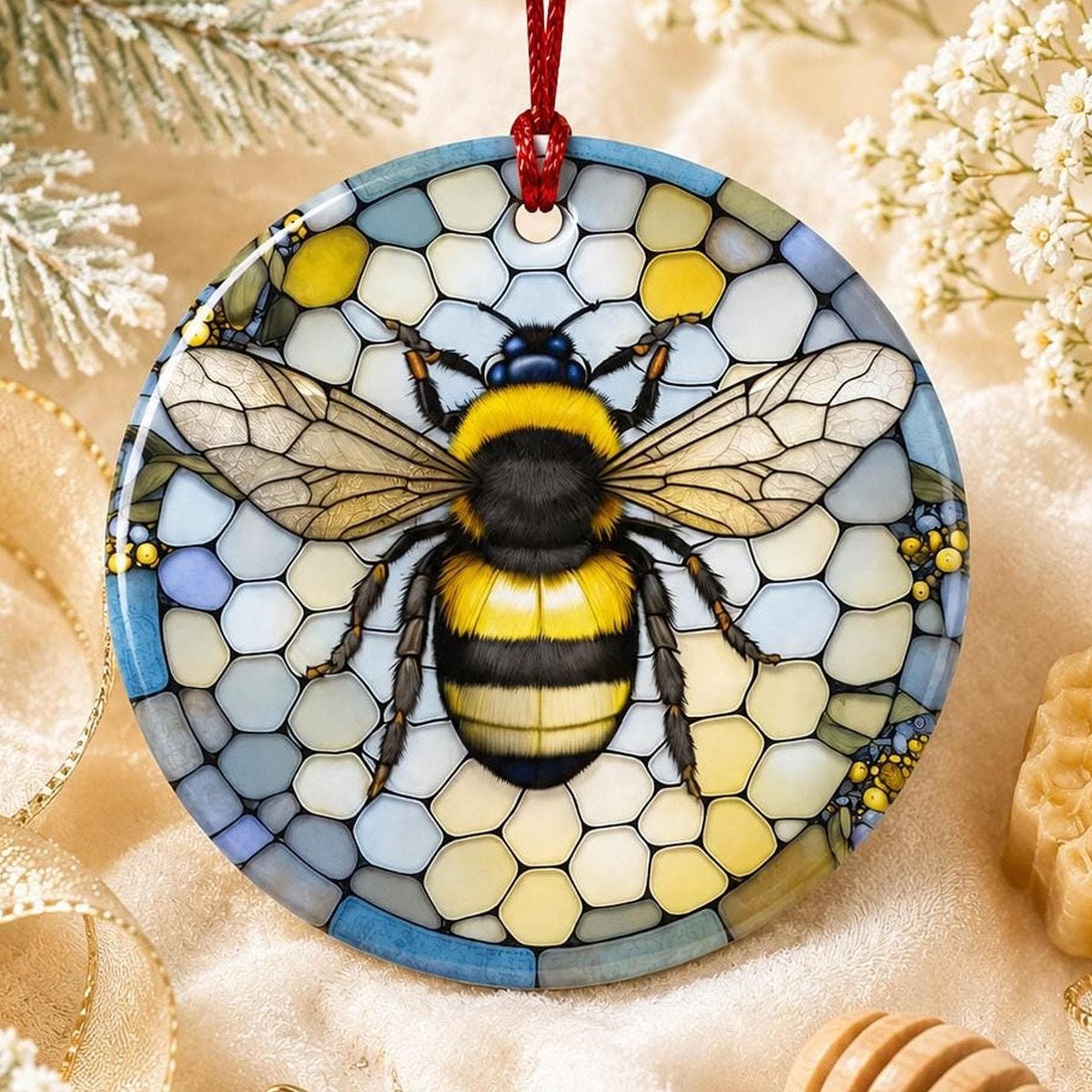 Bumblebee Ornament, Honeycomb Ceramic Decor with Bee Motif