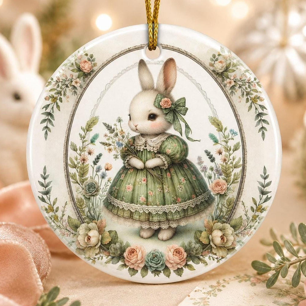 Rabbit Ornament, Vintage Bunny Ceramic Keepsake with Floral Design