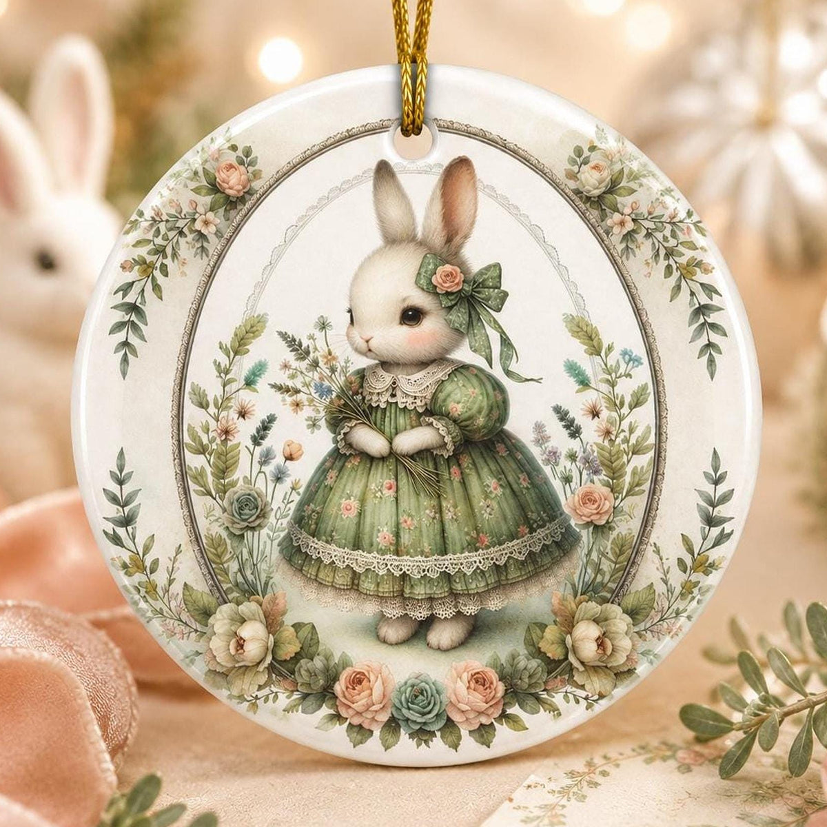 Rabbit Ornament, Vintage Bunny Ceramic Keepsake with Floral Design