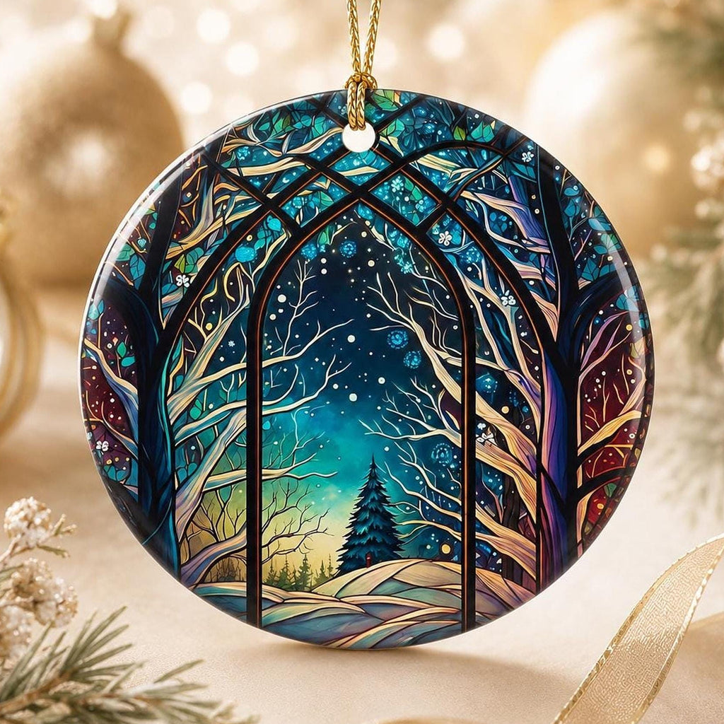 Winter Forest Decor Ceramic Ornament, Stained Glass Inspired Keepsake