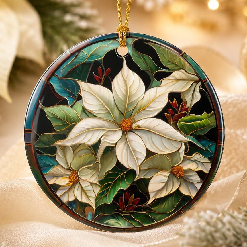 White Poinsettia Ceramic Ornament, Stained Glass Inspired Christmas Keepsake, Personalized Gift