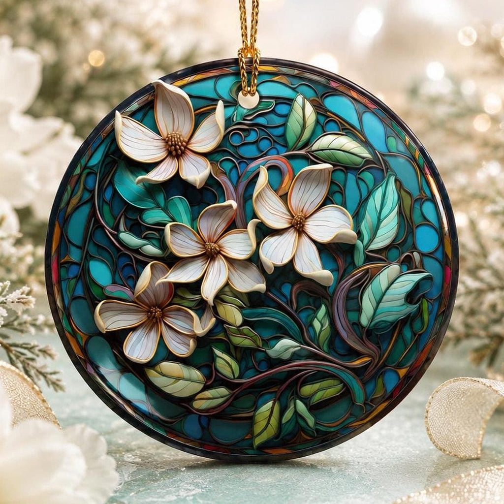 Magnolia Ornament, Teal Floral Ceramic Keepsake with Personalized Option