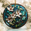 Magnolia Ornament, Teal Floral Ceramic Keepsake with Personalized Option