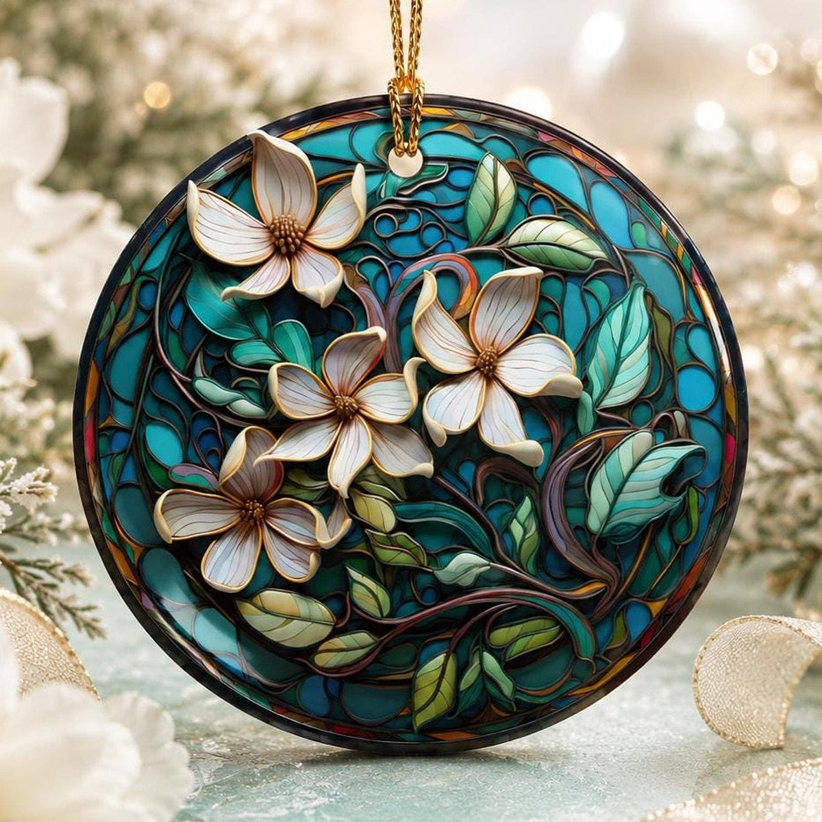Magnolia Ornament, Teal Floral Ceramic Keepsake with Personalized Option