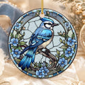 Blue Jay Ornament, Ceramic Keepsake with Stained Glass Inspired Design