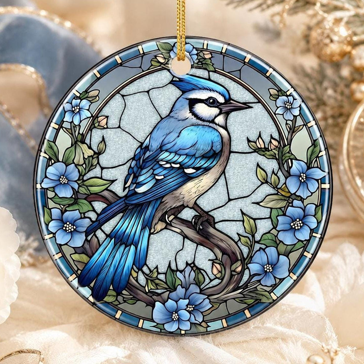 Blue Jay Ornament, Ceramic Keepsake with Stained Glass Inspired Design