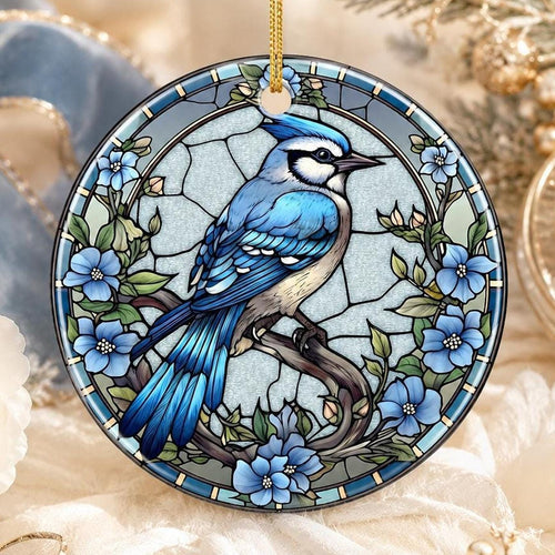 Blue Jay Ornament, Ceramic Keepsake with Stained Glass Inspired Design
