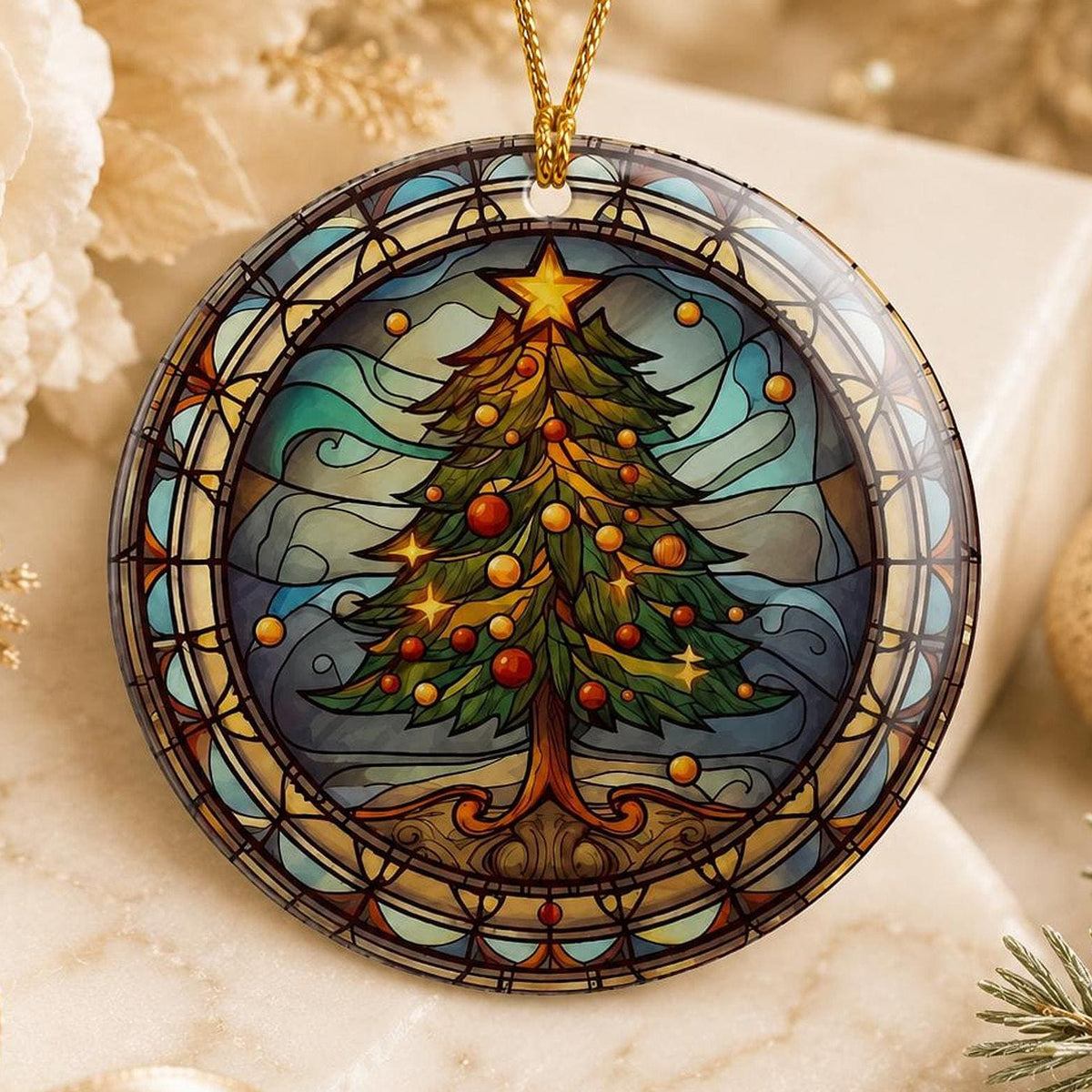 Christmas Ornament with Leaded Glass Inspired Design, Elegant Ceramic Keepsake