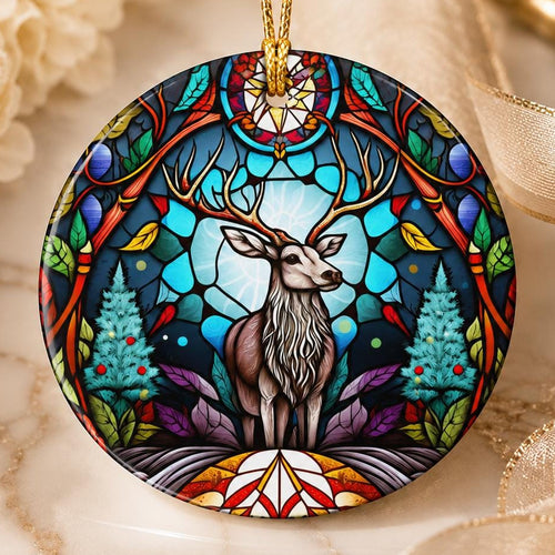 Ceramic Deer Ornament, Woodland Stag Art, Stained Glass Style, Christmas Keepsake Tree Decor