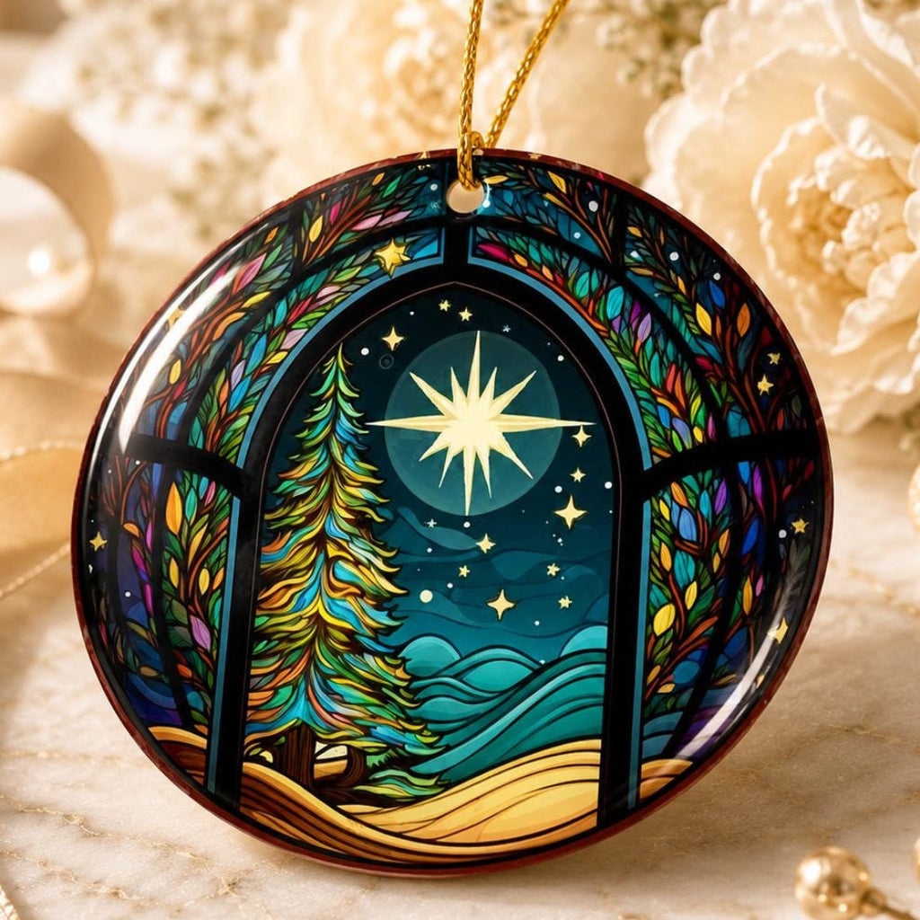 Starry Winter Ceramic Ornament, Leaded Glass Inspired Holiday Keepsake