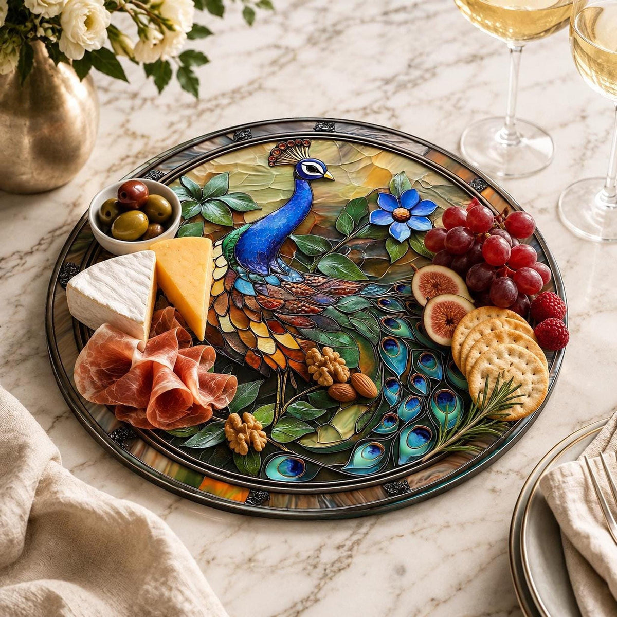 Glass Cutting Board, Peacock Design, 8-Inch Or 12-Inch Round Surface