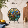 Glass Cutting Board, Peacock Design, 8-Inch Or 12-Inch Round Surface