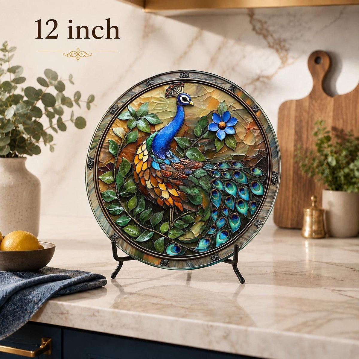 Glass Cutting Board, Peacock Design, 8-Inch Or 12-Inch Round Surface