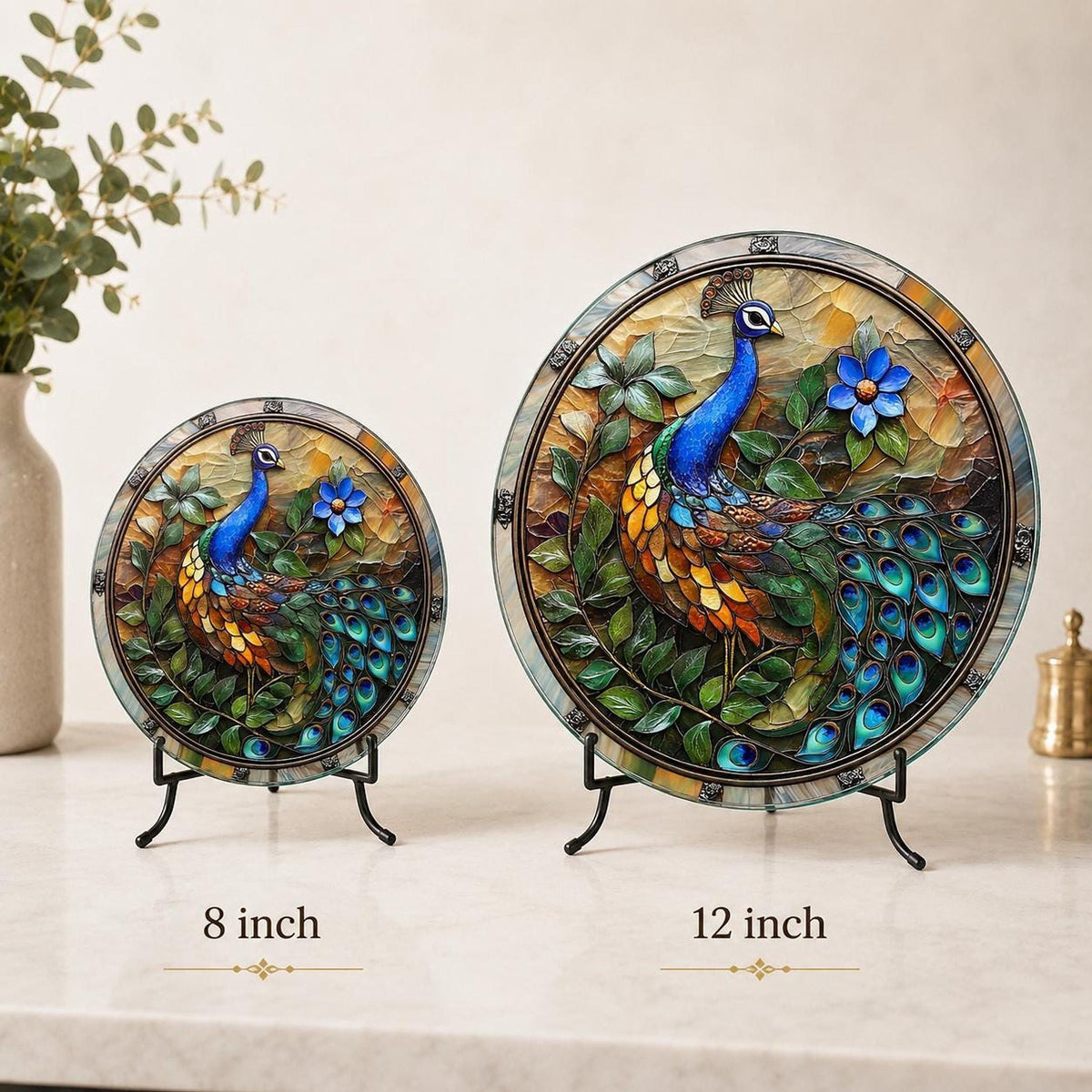 Glass Cutting Board, Peacock Design, 8-Inch Or 12-Inch Round Surface