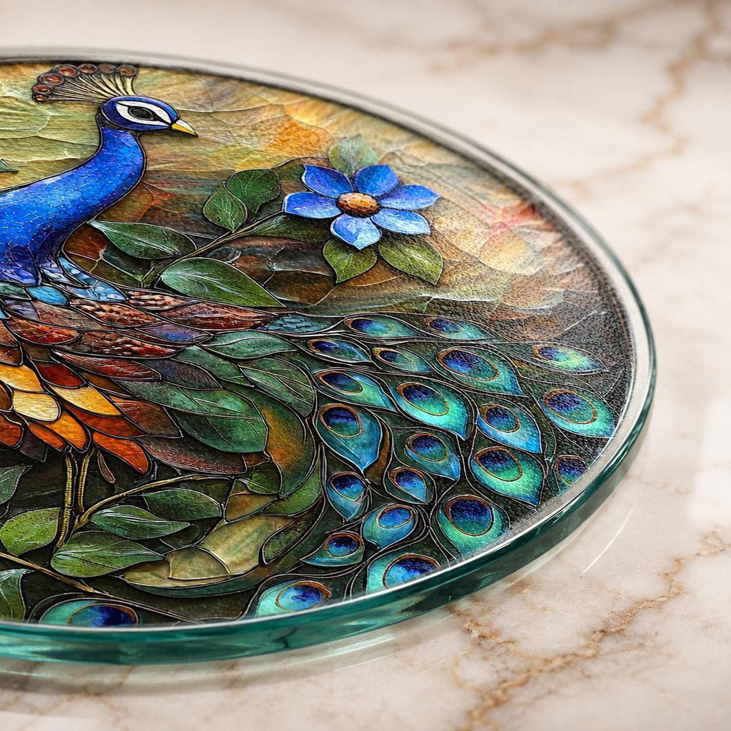 Glass Cutting Board, Peacock Design, 8-Inch Or 12-Inch Round Surface