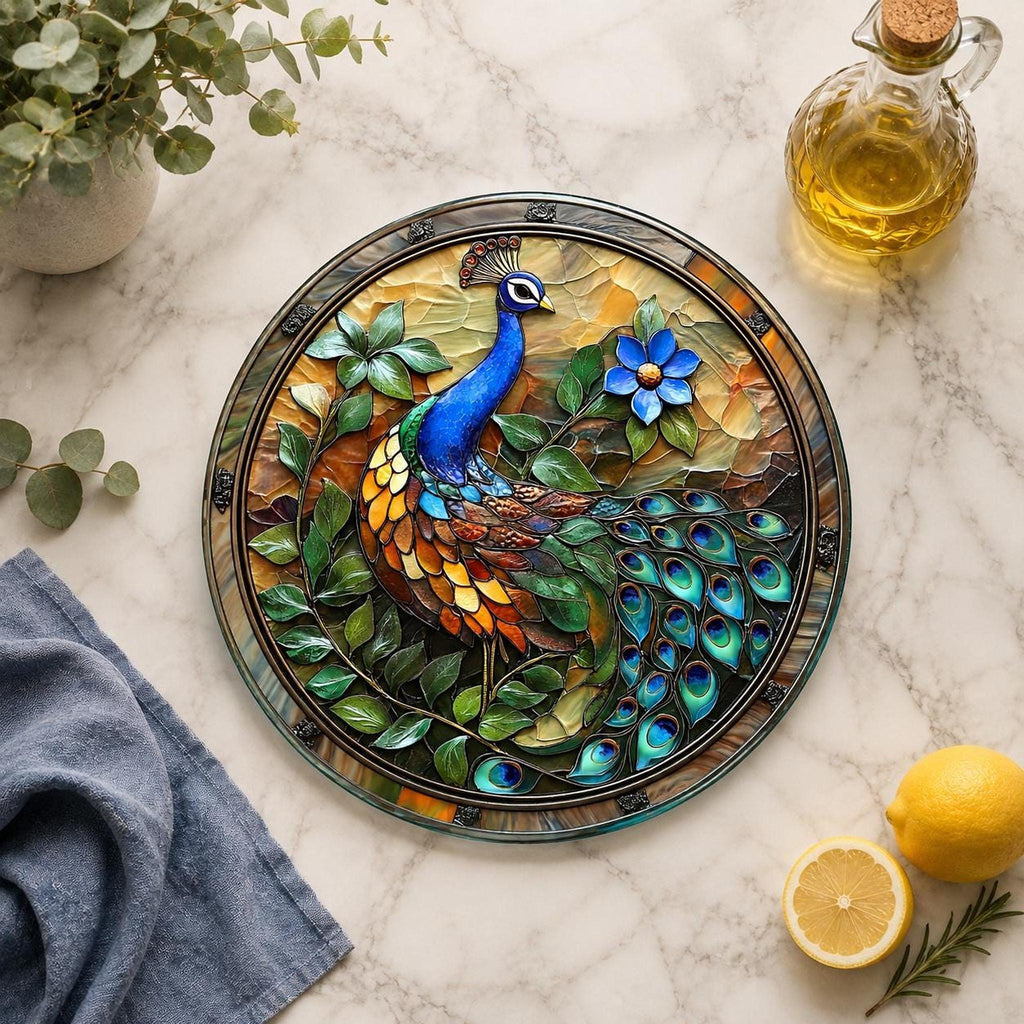 Glass Cutting Board, Peacock Design, 8-Inch Or 12-Inch Round Surface