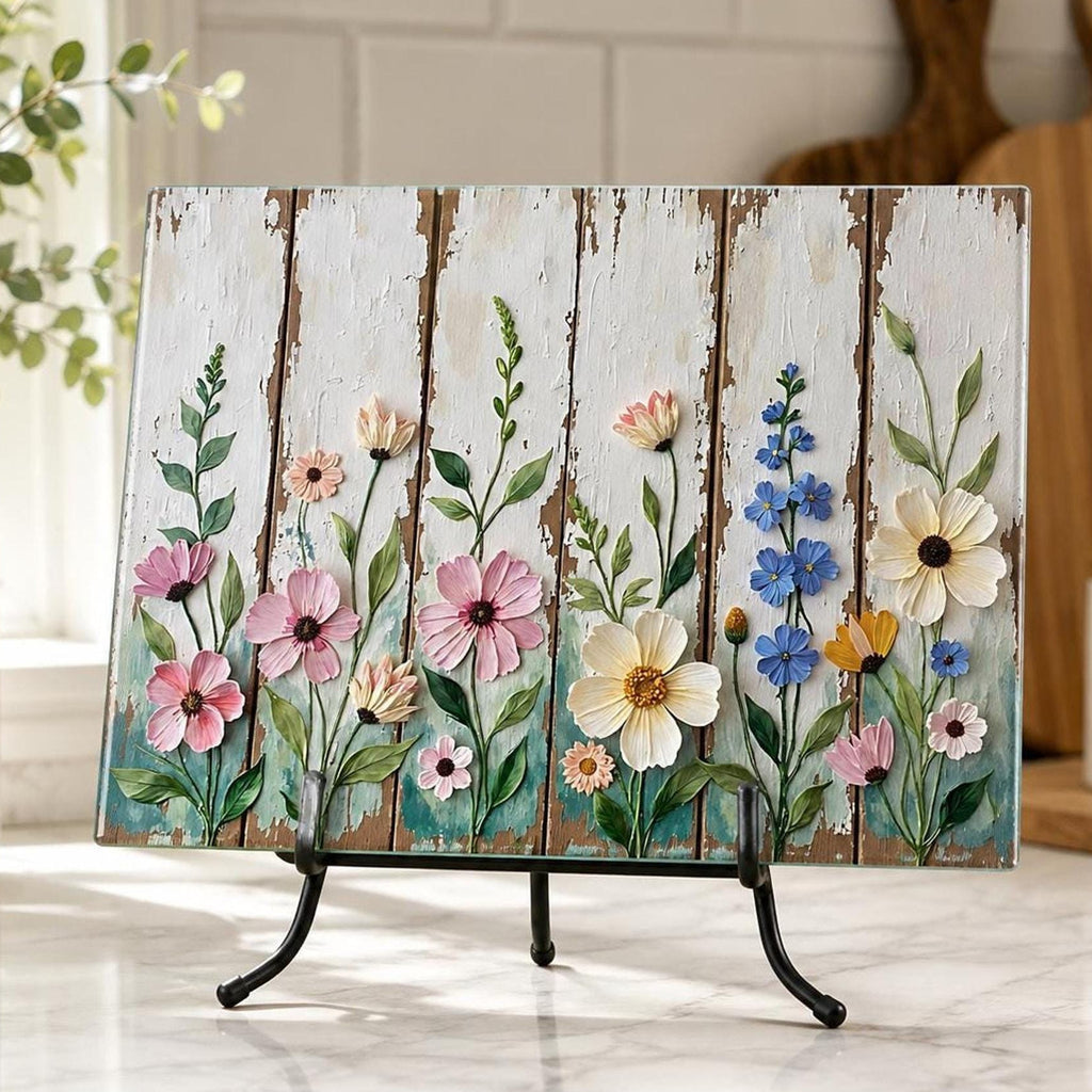 Glass Cutting Board, Tempered Charcuterie Tray with Rustic Wildflowers