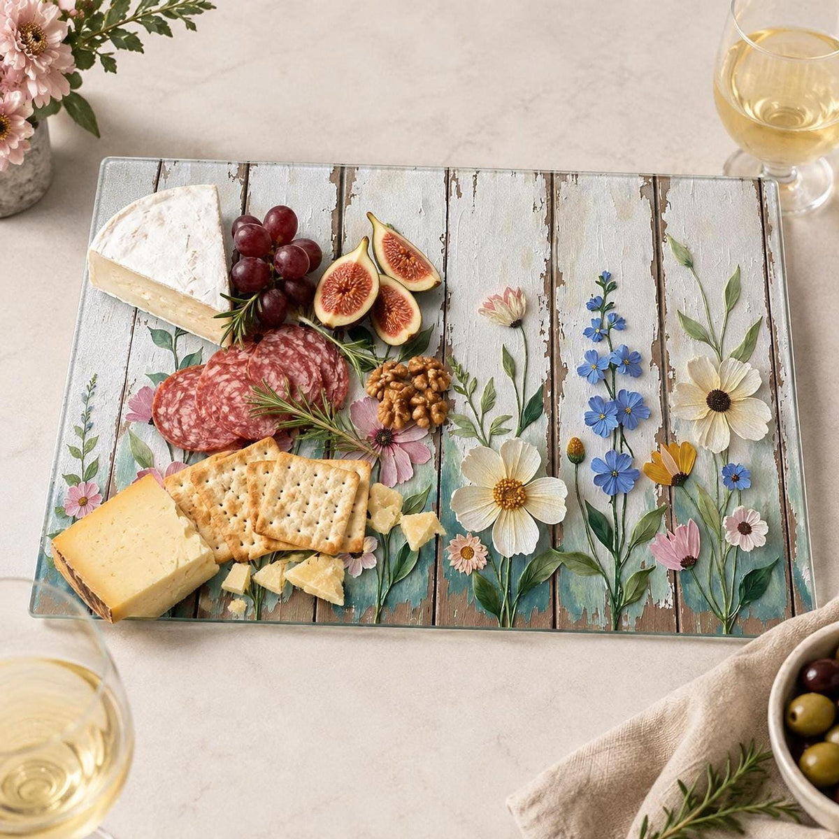 Glass Cutting Board, Tempered Charcuterie Tray with Rustic Wildflowers