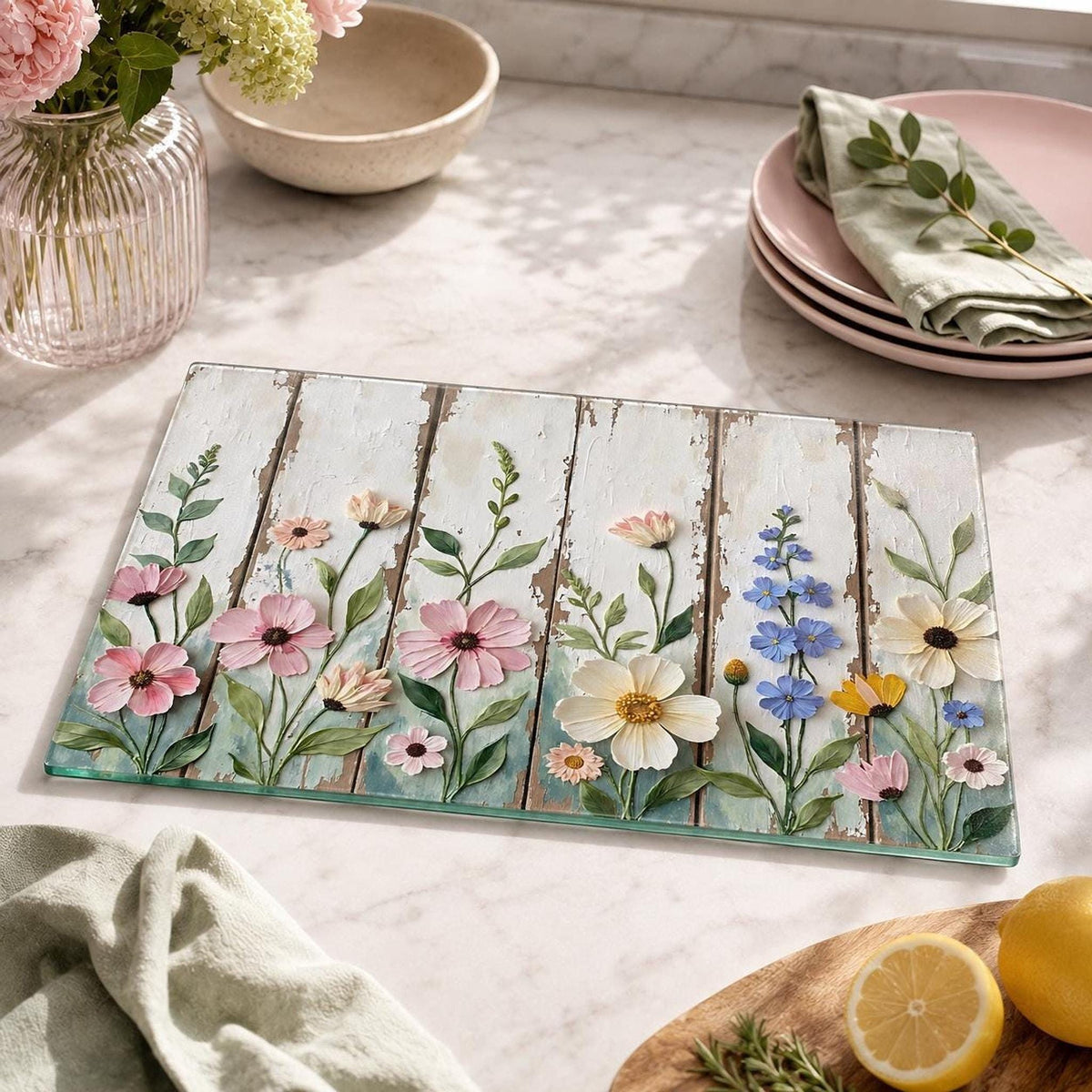 Glass Cutting Board, Tempered Charcuterie Tray with Rustic Wildflowers