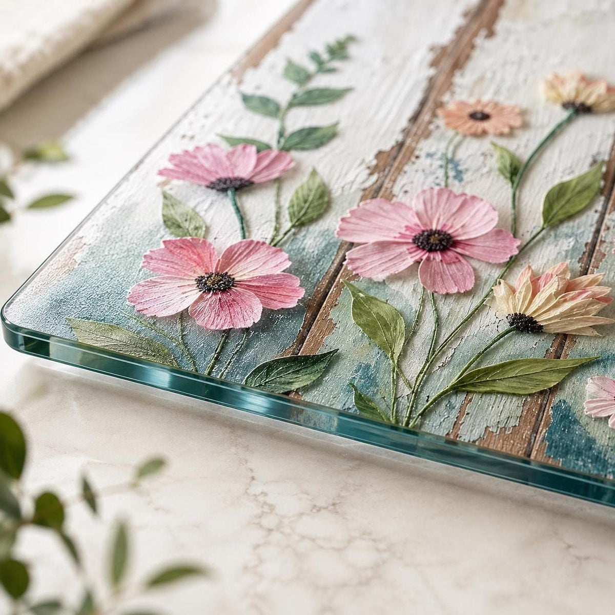 Glass Cutting Board, Tempered Charcuterie Tray with Rustic Wildflowers