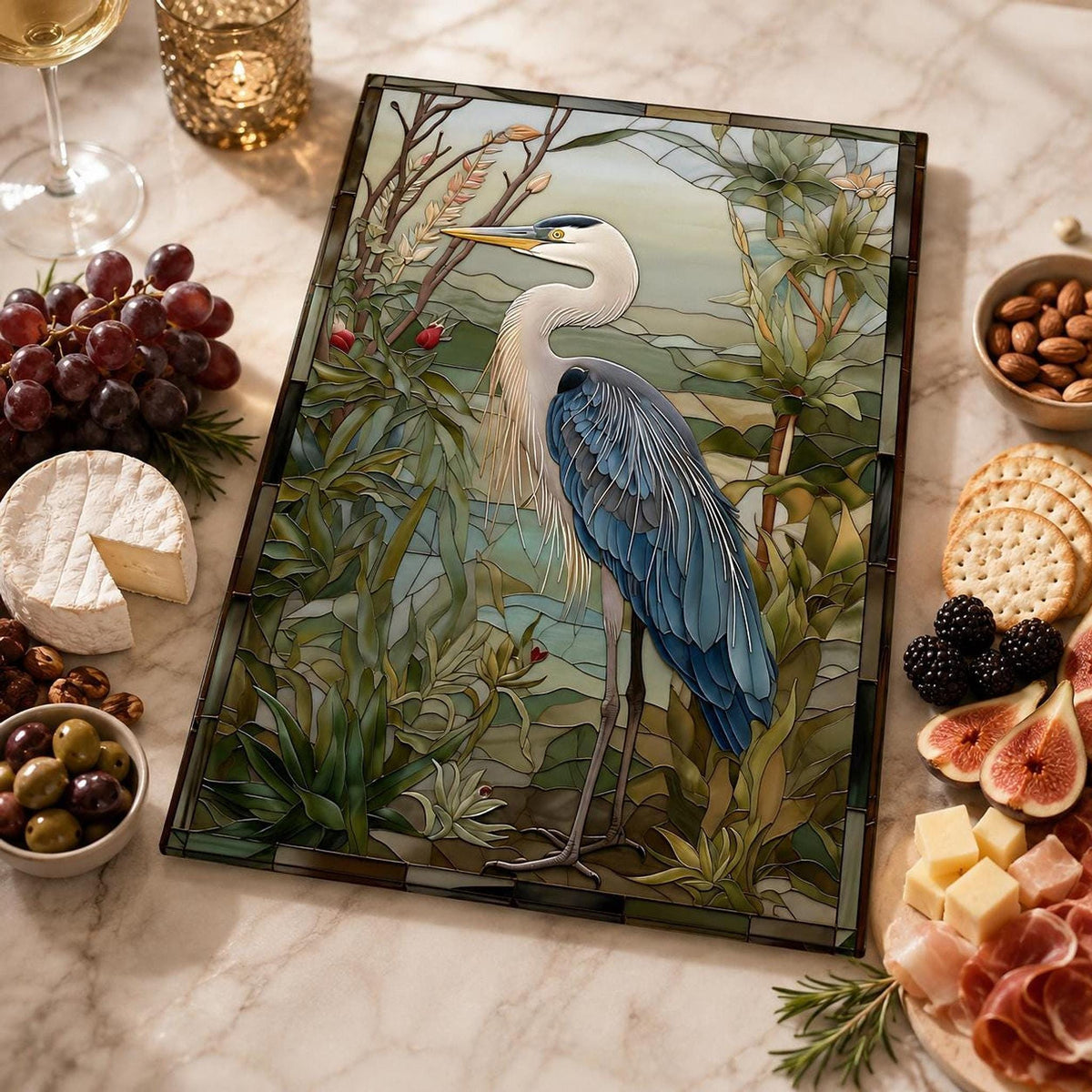 Glass Cutting Board, Tempered Heron Charcuterie Tray, 8 x 11 or 11 x 15 Inch