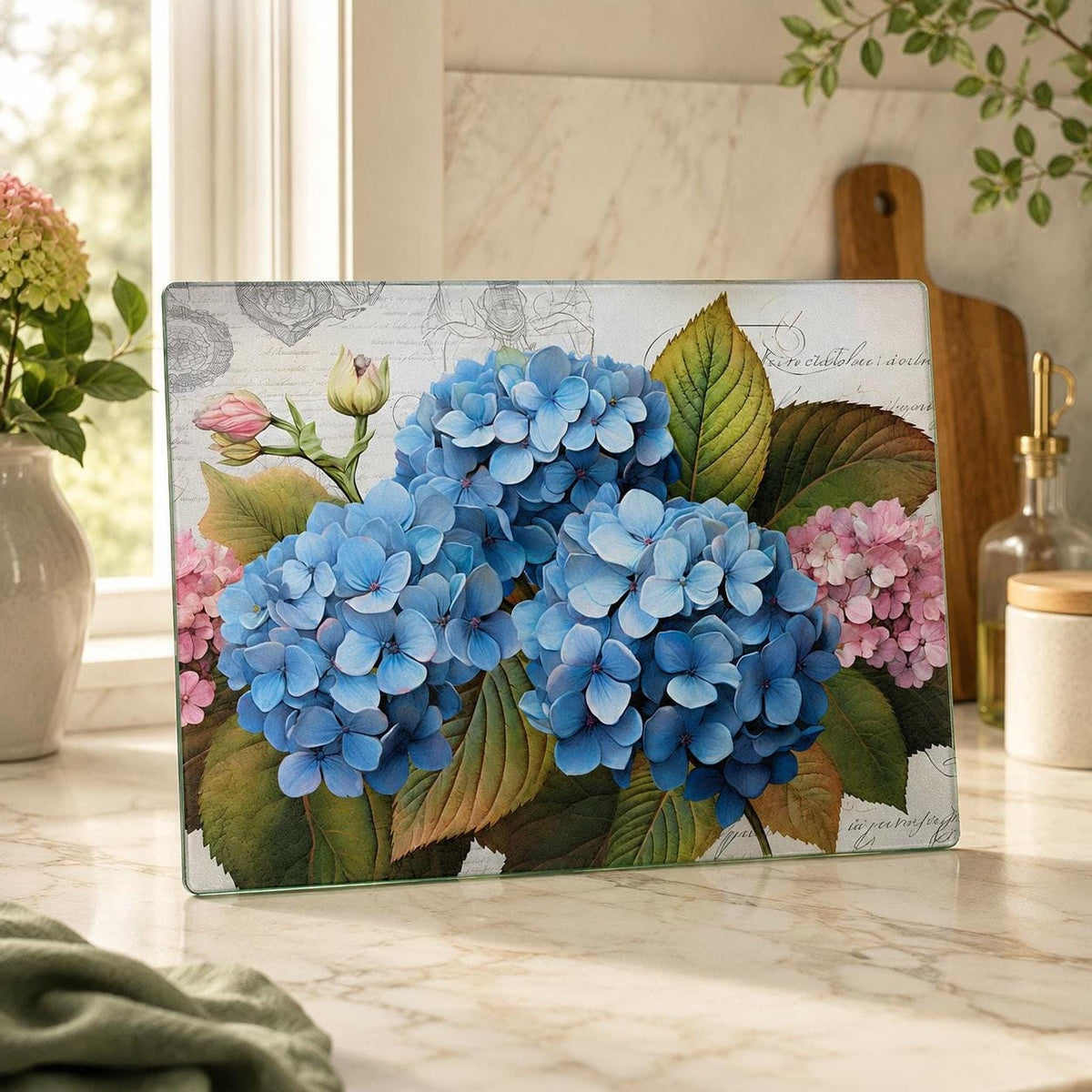 Glass Cutting Board, Blue Hydrangea Charcuterie Tray with Floral Artwork