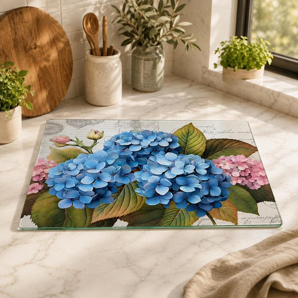 Glass Cutting Board, Blue Hydrangea Charcuterie Tray with Floral Artwork
