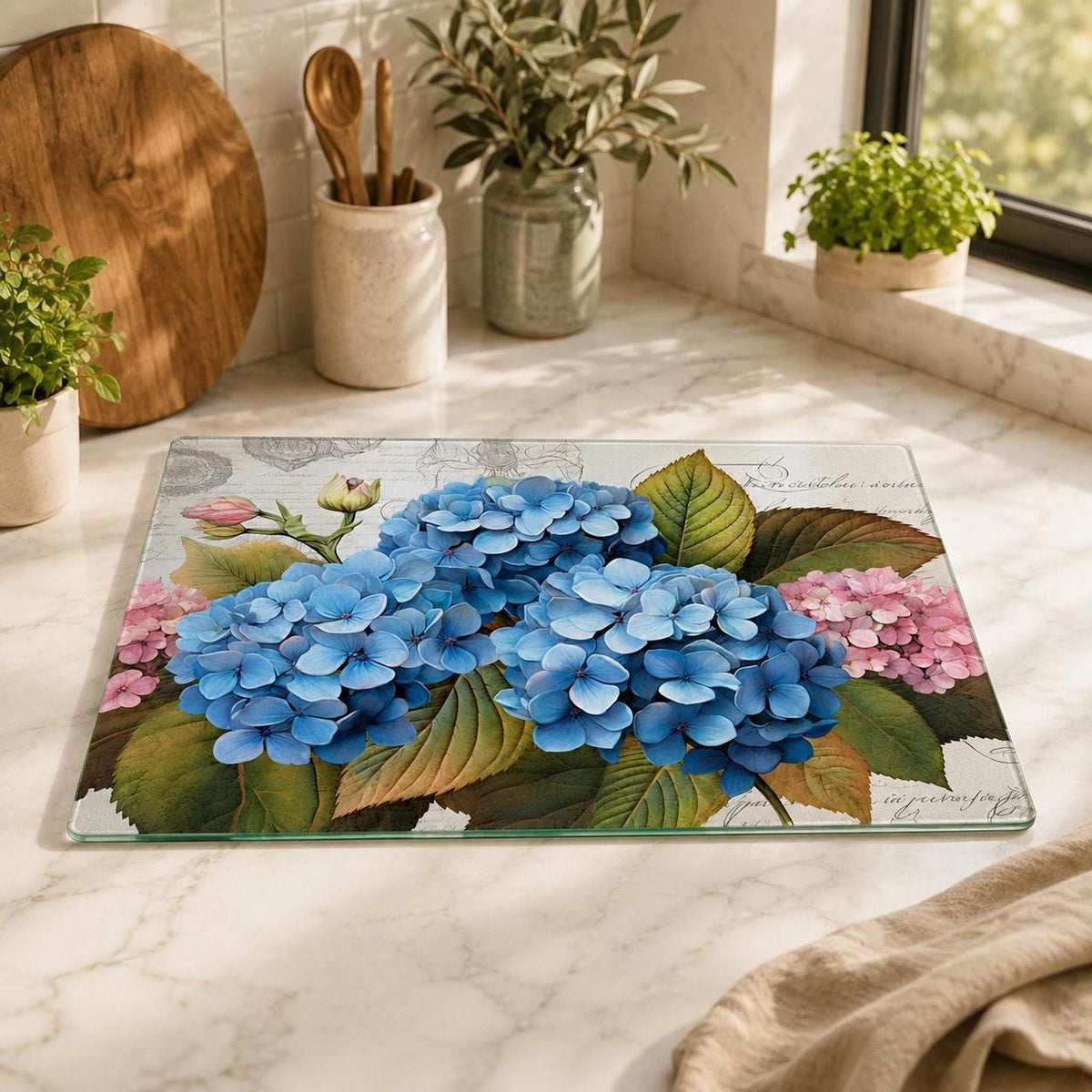Glass Cutting Board, Blue Hydrangea Charcuterie Tray with Floral Artwork