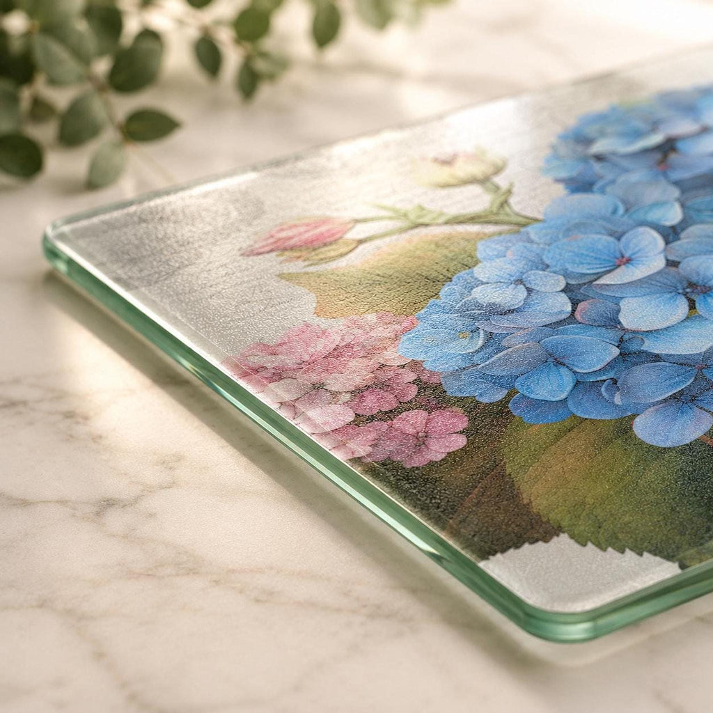 Glass Cutting Board, Blue Hydrangea Charcuterie Tray with Floral Artwork