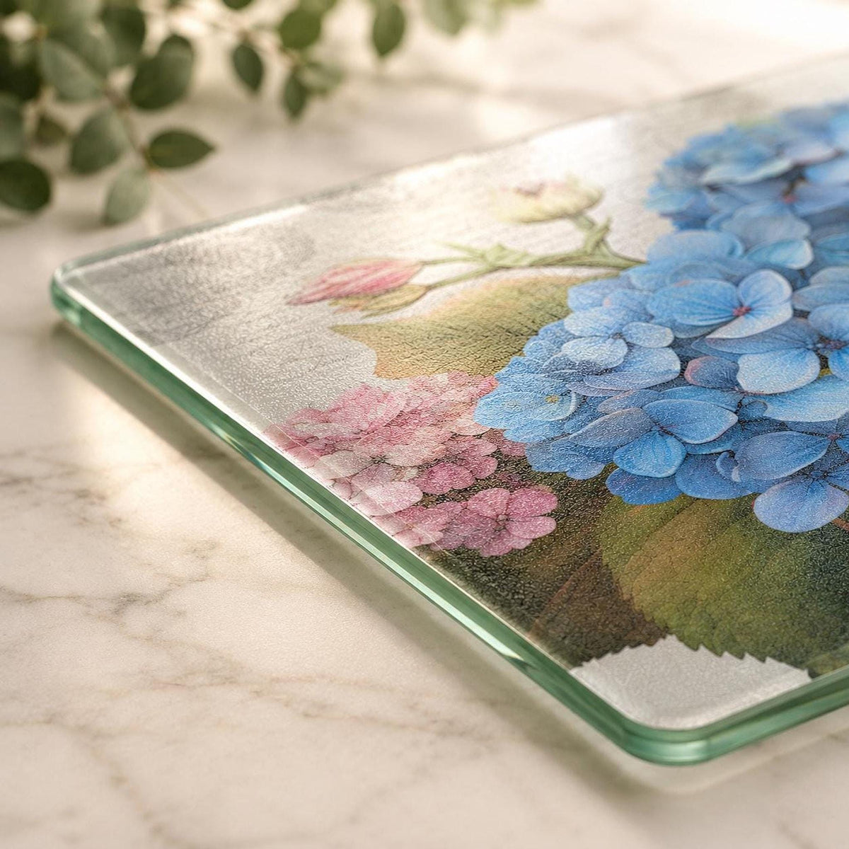 Glass Cutting Board, Blue Hydrangea Charcuterie Tray with Floral Artwork