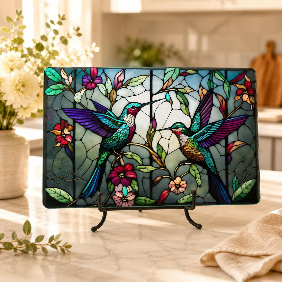 Glass Cutting Board, Hummingbird Floral Design, Tempered Kitchen Decor