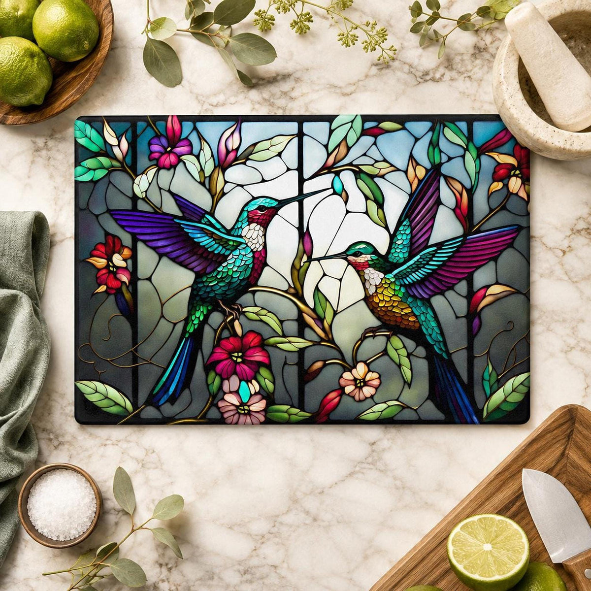 Glass Cutting Board, Hummingbird Floral Design, Tempered Kitchen Decor