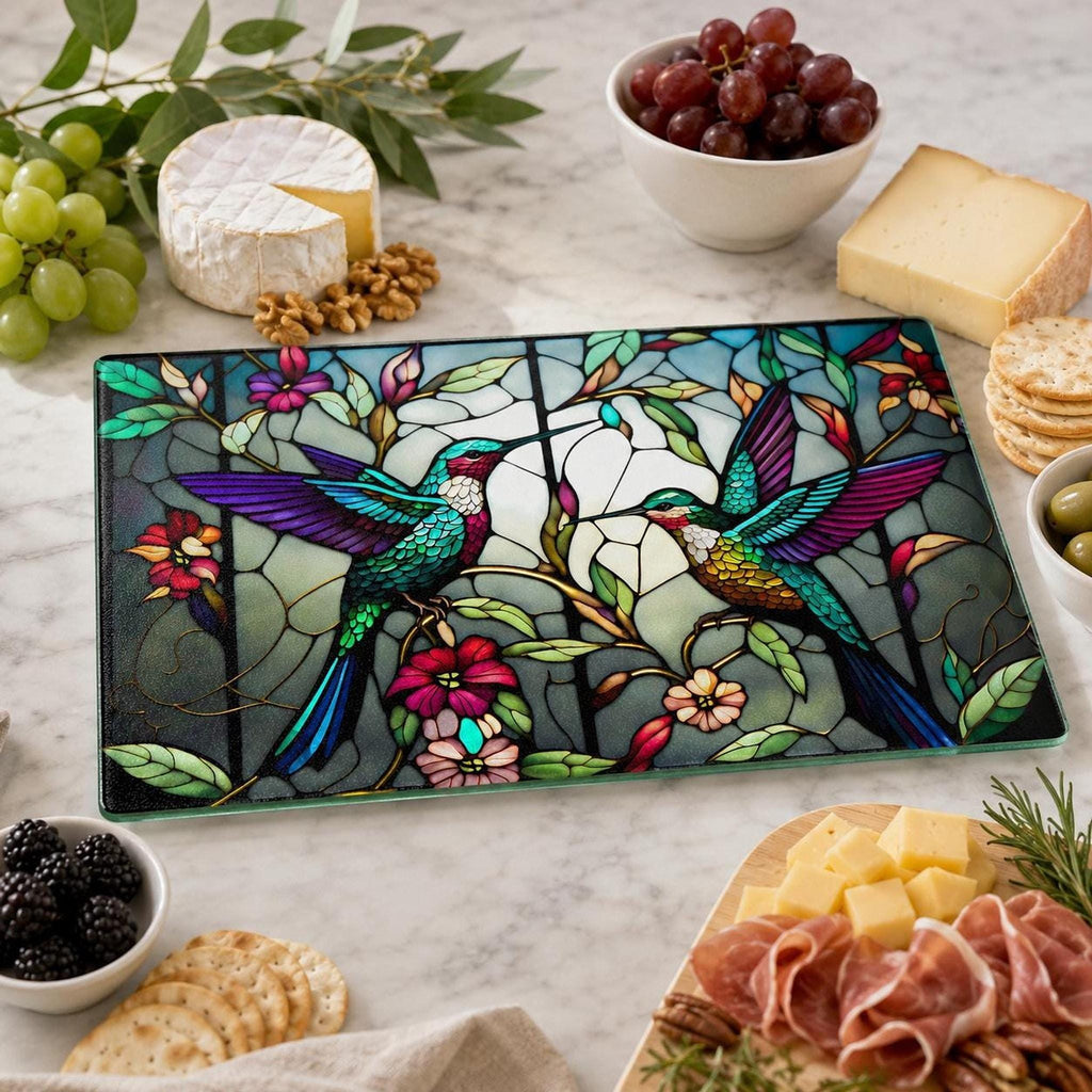 Glass Cutting Board, Hummingbird Floral Design, Tempered Kitchen Decor
