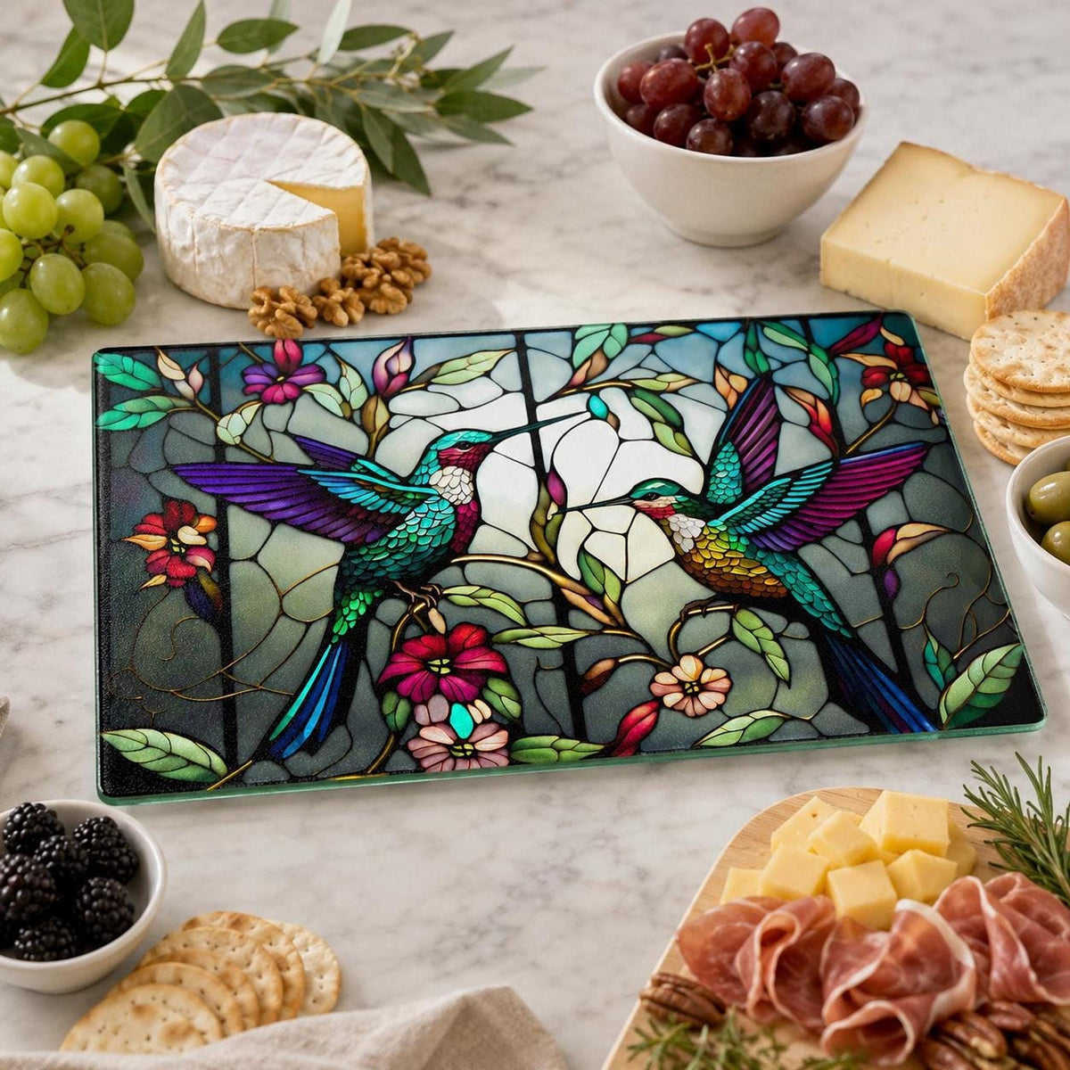 Glass Cutting Board, Hummingbird Floral Design, Tempered Kitchen Decor
