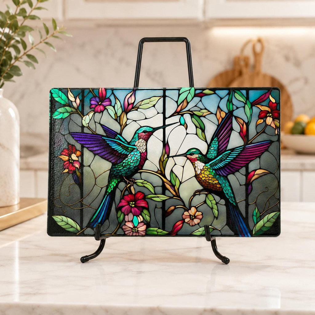 Glass Cutting Board, Hummingbird Floral Design, Tempered Kitchen Decor