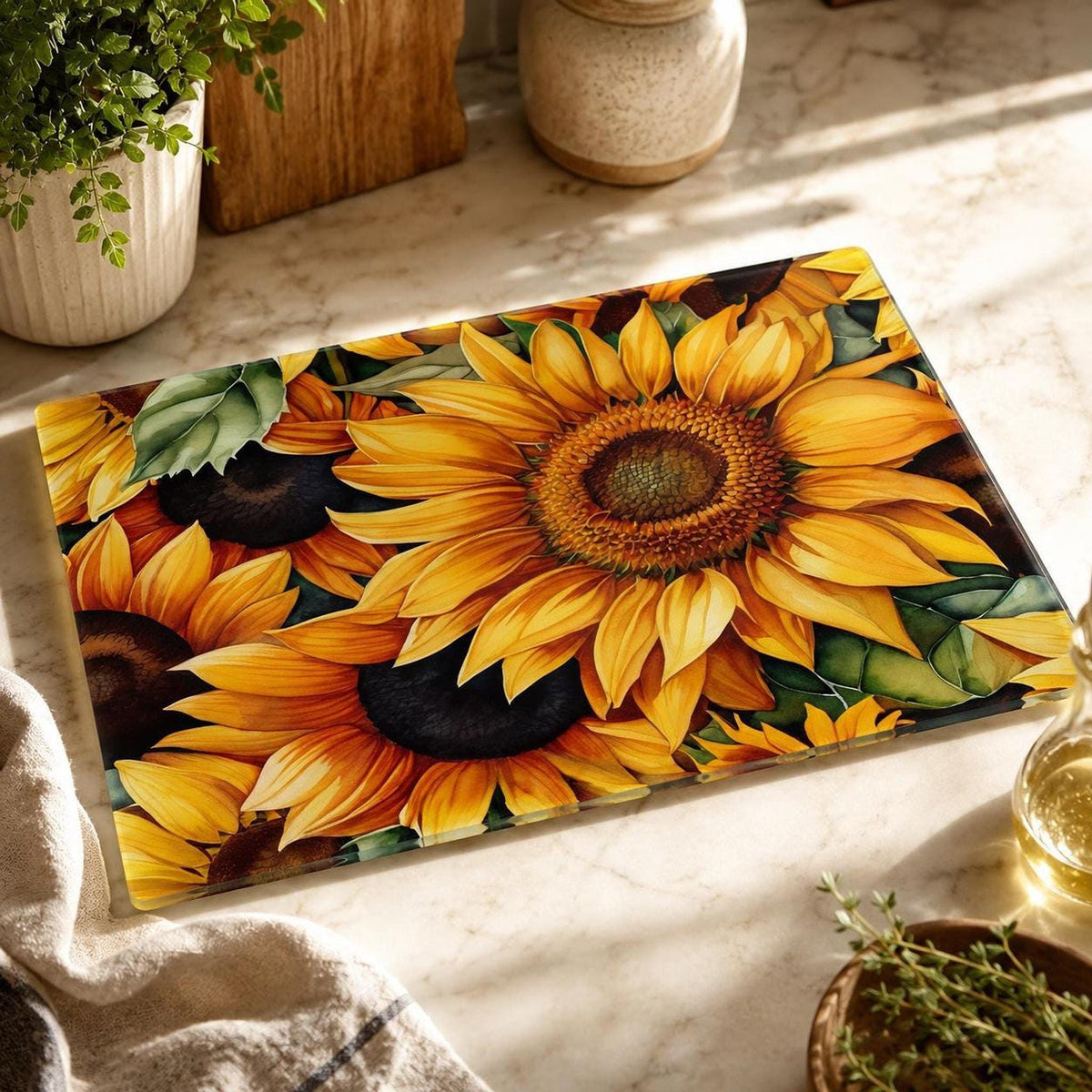 Glass Cutting Board, Sunflower Artwork, 8 x 11 or 11 x 15 Inch