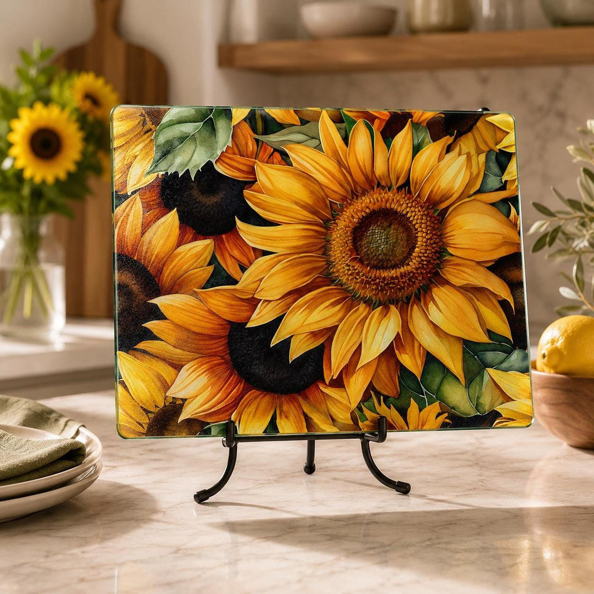 Glass Cutting Board, Sunflower Artwork, 8 x 11 or 11 x 15 Inch