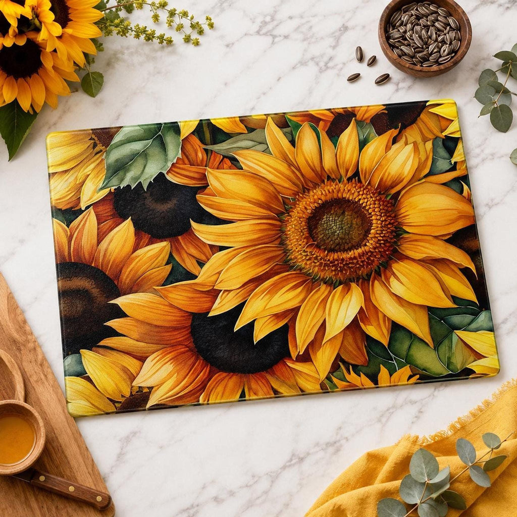 Glass Cutting Board, Sunflower Artwork, 8 x 11 or 11 x 15 Inch