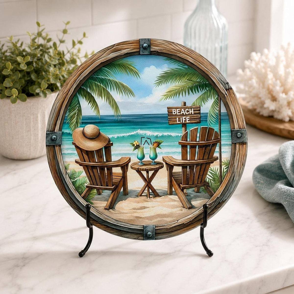 Beach Cutting Board, Round Tempered Glass Charcuterie Tray