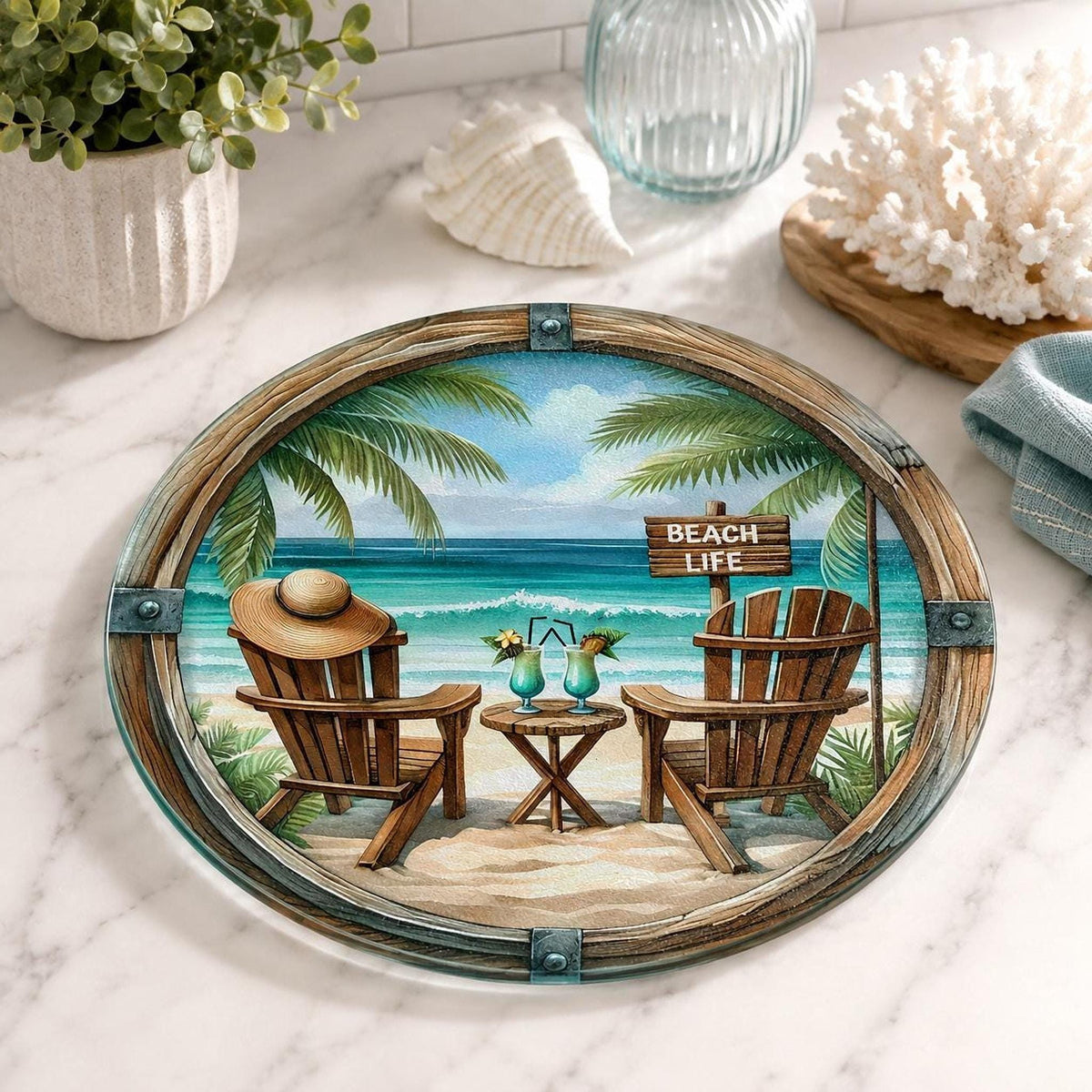 Beach Cutting Board, Round Tempered Glass Charcuterie Tray