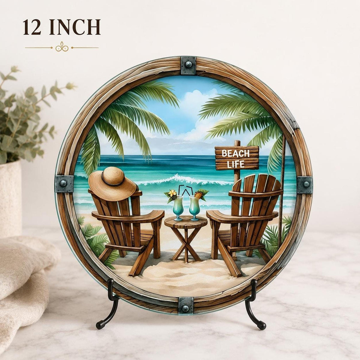 Beach Cutting Board, Round Tempered Glass Charcuterie Tray