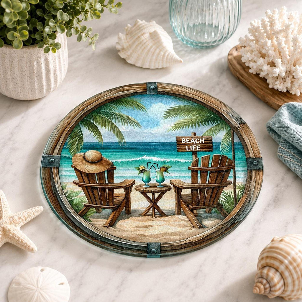 Beach Cutting Board, Round Tempered Glass Charcuterie Tray