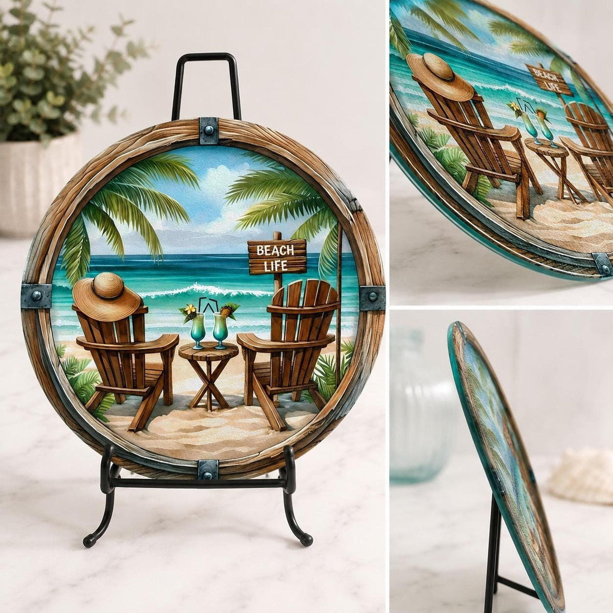 Beach Cutting Board, Round Tempered Glass Charcuterie Tray