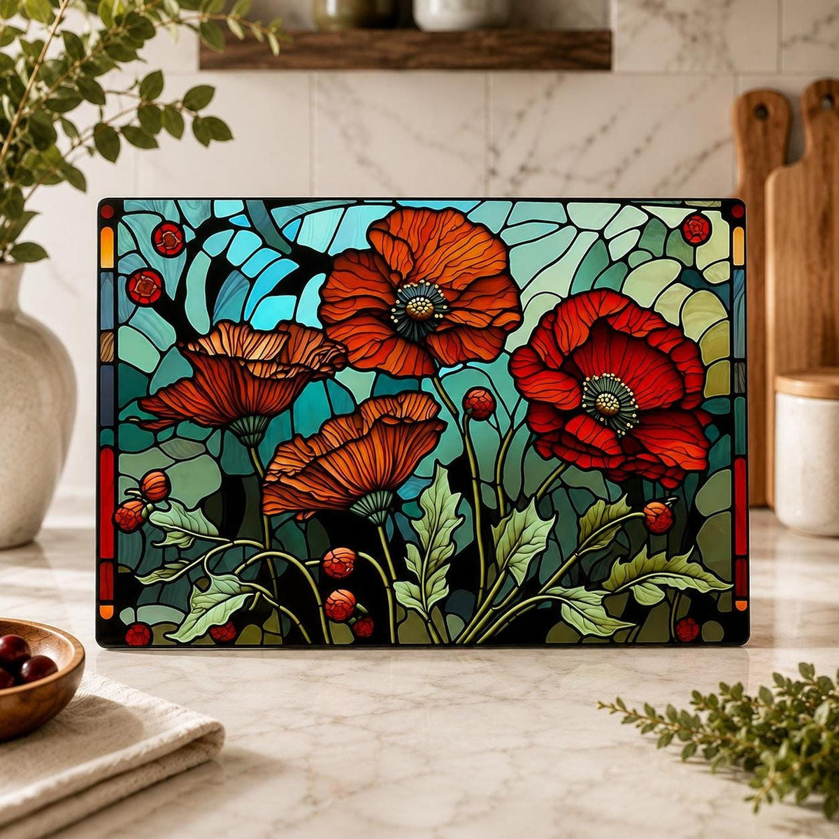 Glass Cutting Board, Poppy Floral Artwork with Two Sizes