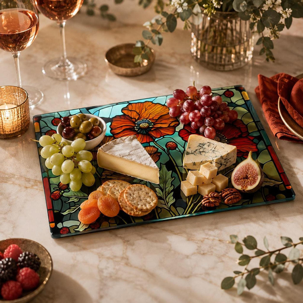 Glass Cutting Board, Poppy Floral Artwork with Two Sizes
