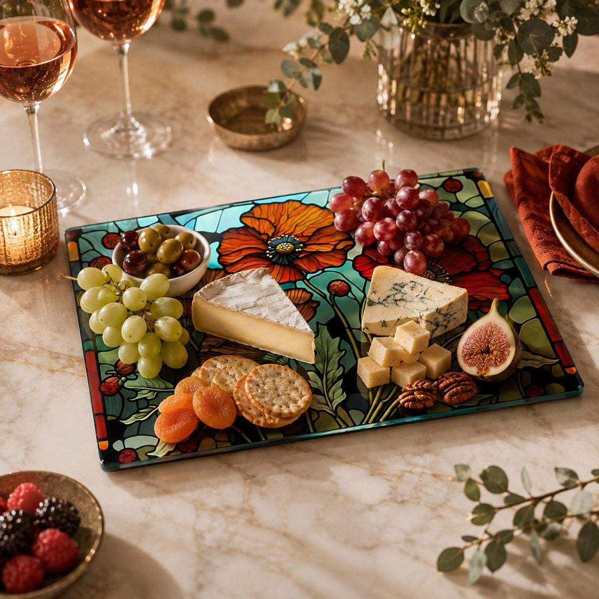 Glass Cutting Board, Poppy Floral Artwork with Two Sizes