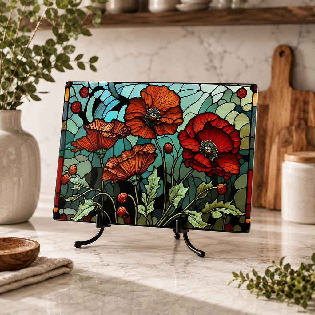 Glass Cutting Board, Poppy Floral Artwork with Two Sizes