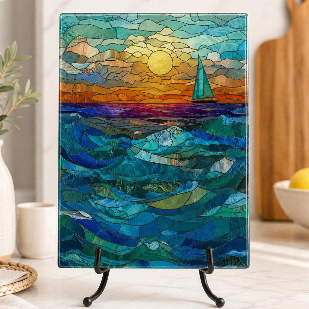 Glass Cutting Board, Tempered Surface with Ocean Sunset Sailboat Decor