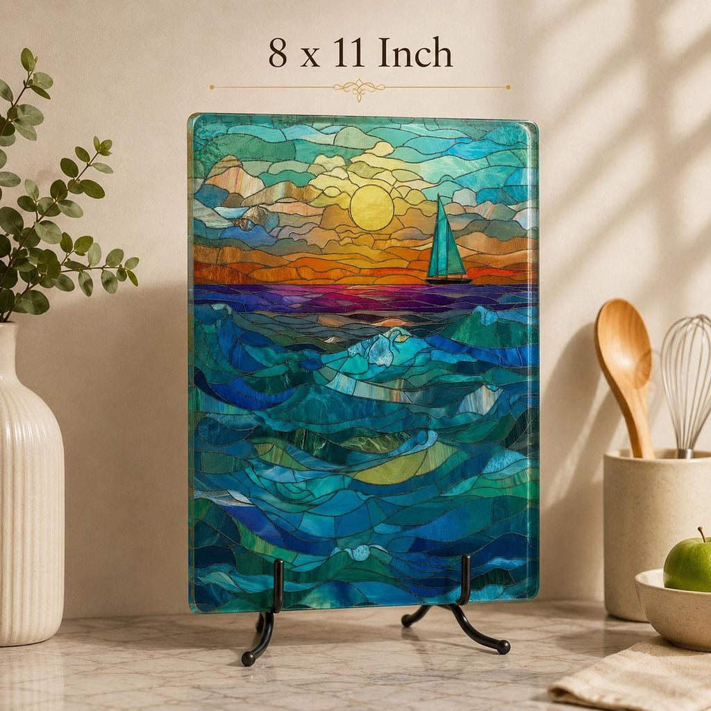 Glass Cutting Board, Tempered Surface with Ocean Sunset Sailboat Decor
